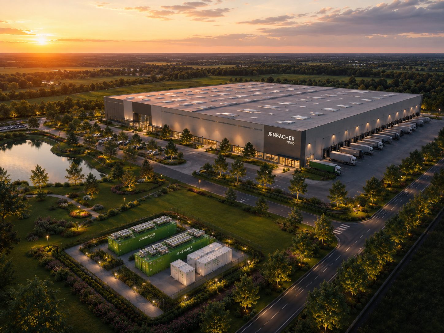 Letecký pohled na lokální energetické centrum s kogeneračními jednotkami a bateriovým úložištěm